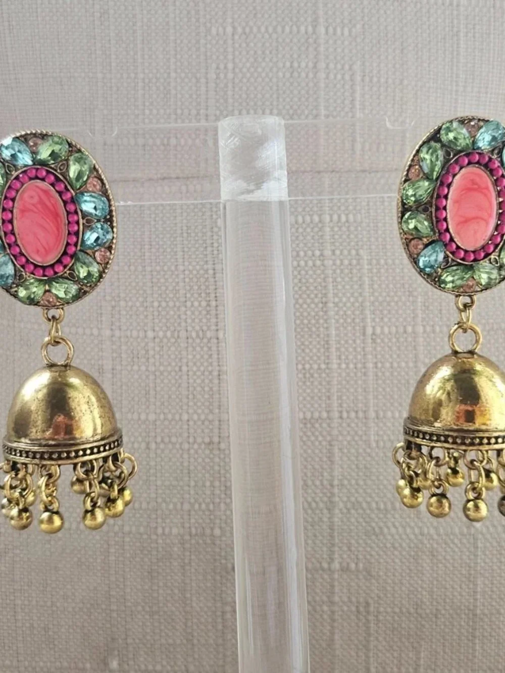 Pakistani Earrings Jhumka Fashion Jewelry Gold Tone Pink Beads Chandelier New - Picture 6 of 13
